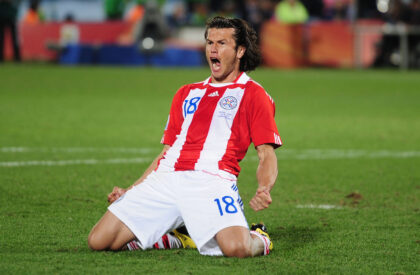 PRETORIA, SOUTH AFRICA - JUNE 29:  Nelson Valdez of Paraguay celebrates scoring his penalty during a penalty shoot-out during the 2010 FIFA World Cup South Africa Round of Sixteen match between Paraguay and Japan at Loftus Versfeld Stadium on June 29, 2010 in Pretoria, South Africa.  (Photo by Clive Mason/Getty Images)